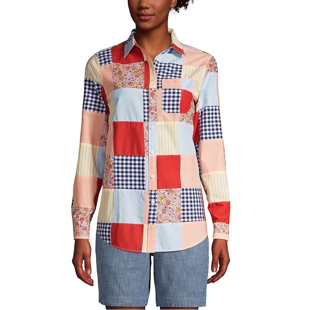 Land's End Patchwork Cotton Button Down Shirt LP Oversized Tunic Top